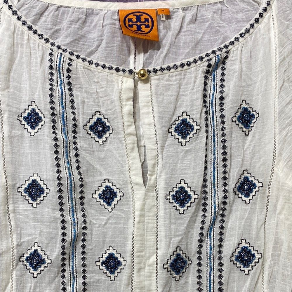 Tory Burch White and Blue Embroidered Women's Top